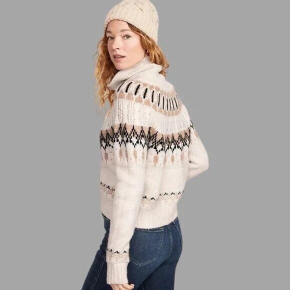 Old Navy Cozy Fair Isle Cable Knit Turtleneck Sweater Cream Neutral sz L - Picture 2 of 5